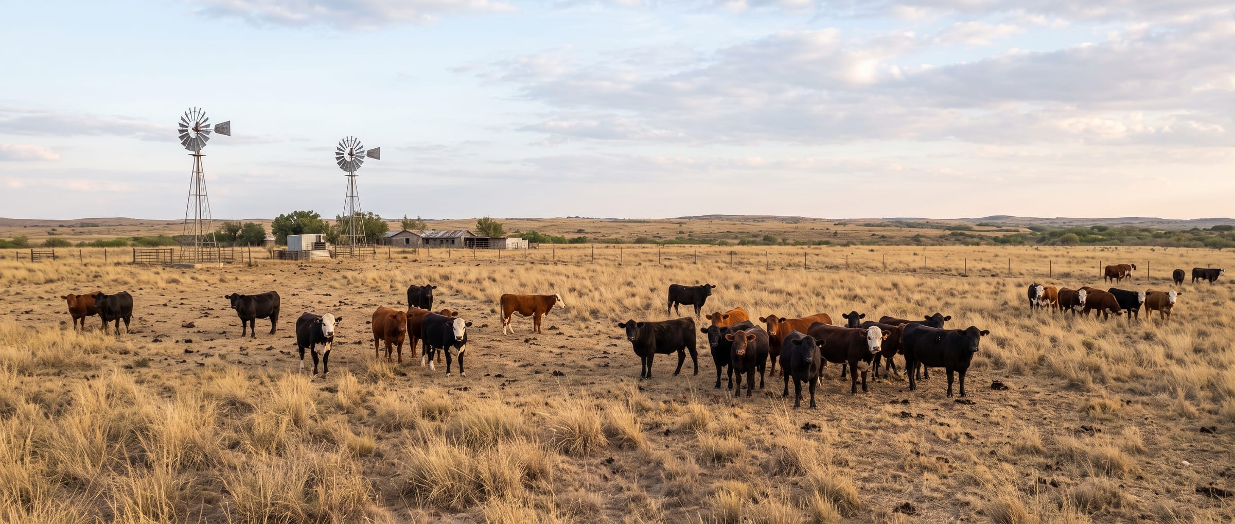 Mixed Angus and Hereford herd grazing on open grassland below two windmills at the Phat Cattle Inc. ranch near Melrose, New Mexico
