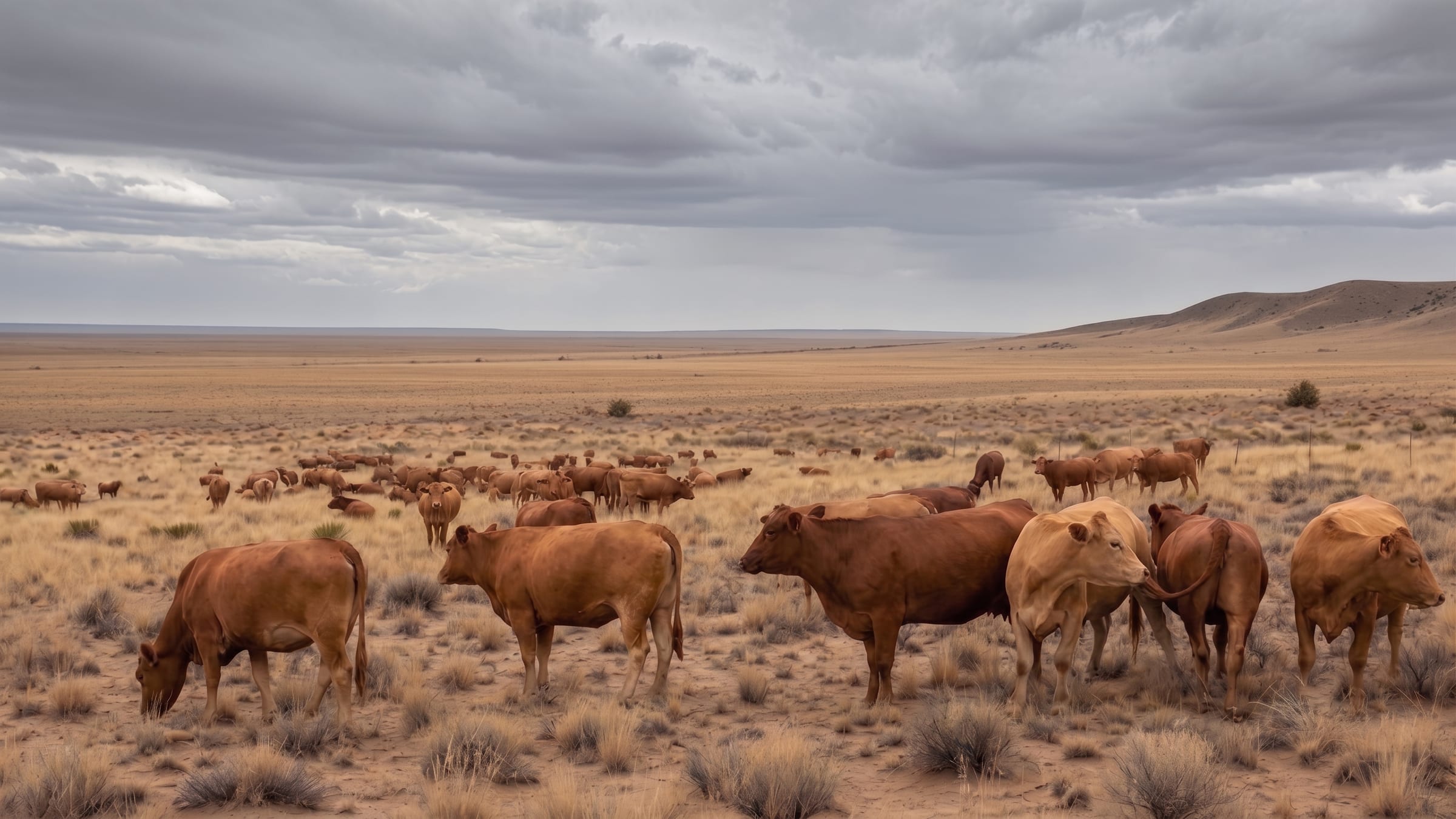 Phat Cattle Inc. red Angus herd grazing across open shortgrass range under a gathering storm near Melrose, New Mexico